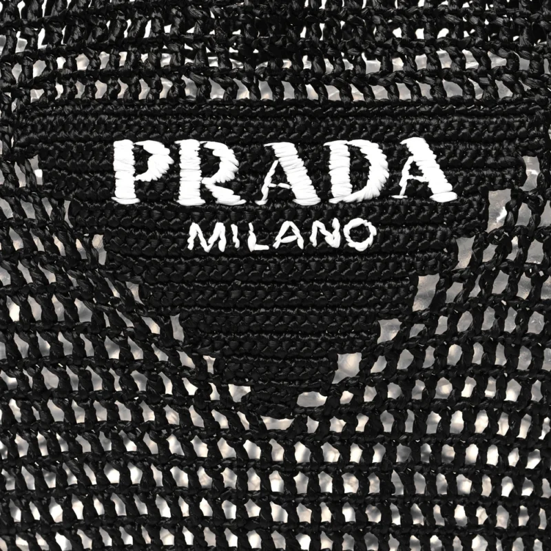 PRADA LARGE EFFECT LOGO EMBROIDERED SHOPPING CROCHET TOTE BAG BLACK YARN RAFFIA - Image 8