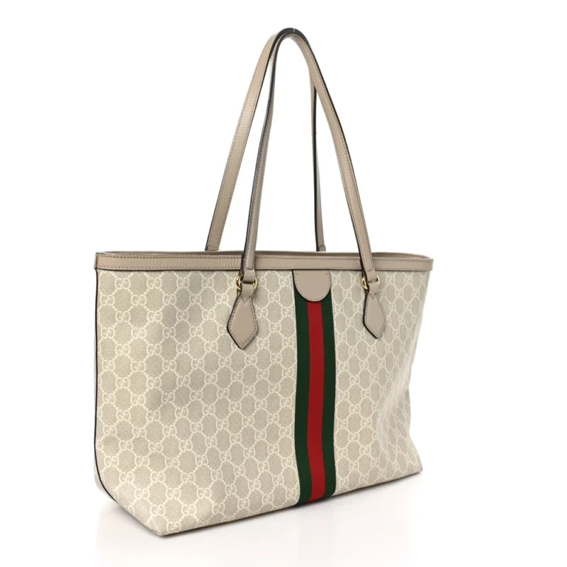 GUCCI MEDIUM OPHIDIA SHOPPING TOTE BEIGE / MYSTIC WHITE / OATMEAL GG SUPREME MONOGRAM COATED CANVAS & TEXTURED DOLLAR CALFSKIN LEATHER GOLD HARDWARE - Image 2