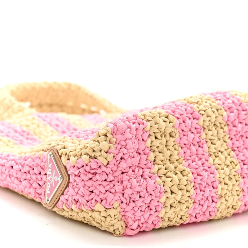 PRADA SMALL EFFECT CROCHET STRIPED LOGO TOTE NATURALE/PETALO YARN RAFFIA - Image 4
