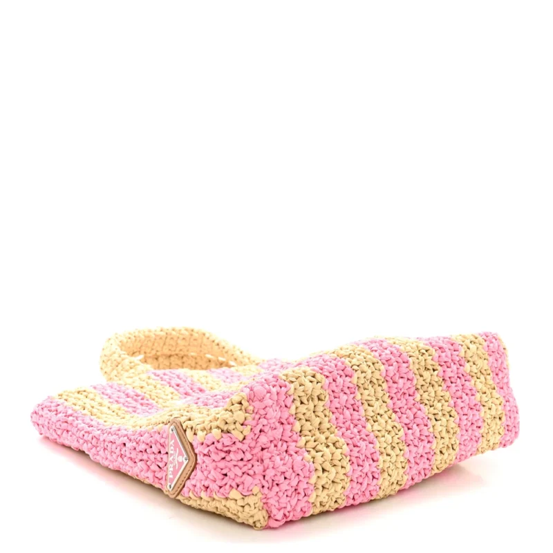 PRADA SMALL EFFECT CROCHET STRIPED LOGO TOTE NATURALE/PETALO YARN RAFFIA - Image 6