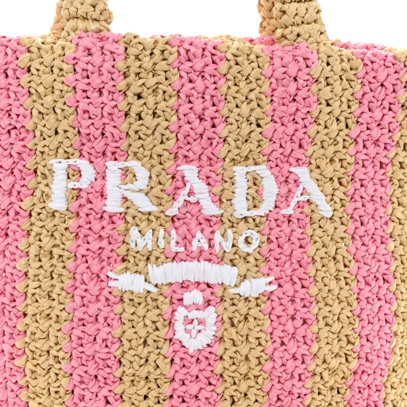 PRADA SMALL EFFECT CROCHET STRIPED LOGO TOTE NATURALE/PETALO YARN RAFFIA - Image 8