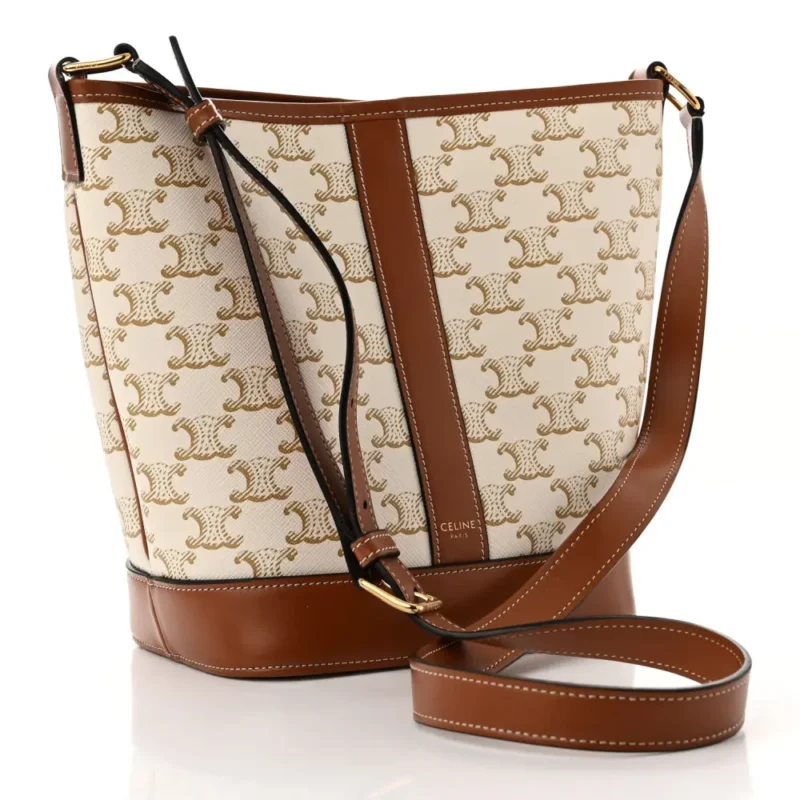 CELINE SMALL BUCKET BAG WHITE TRIOMPHE CANVAS & CALFSKIN LEATHER GOLD HARDWARE - Image 3