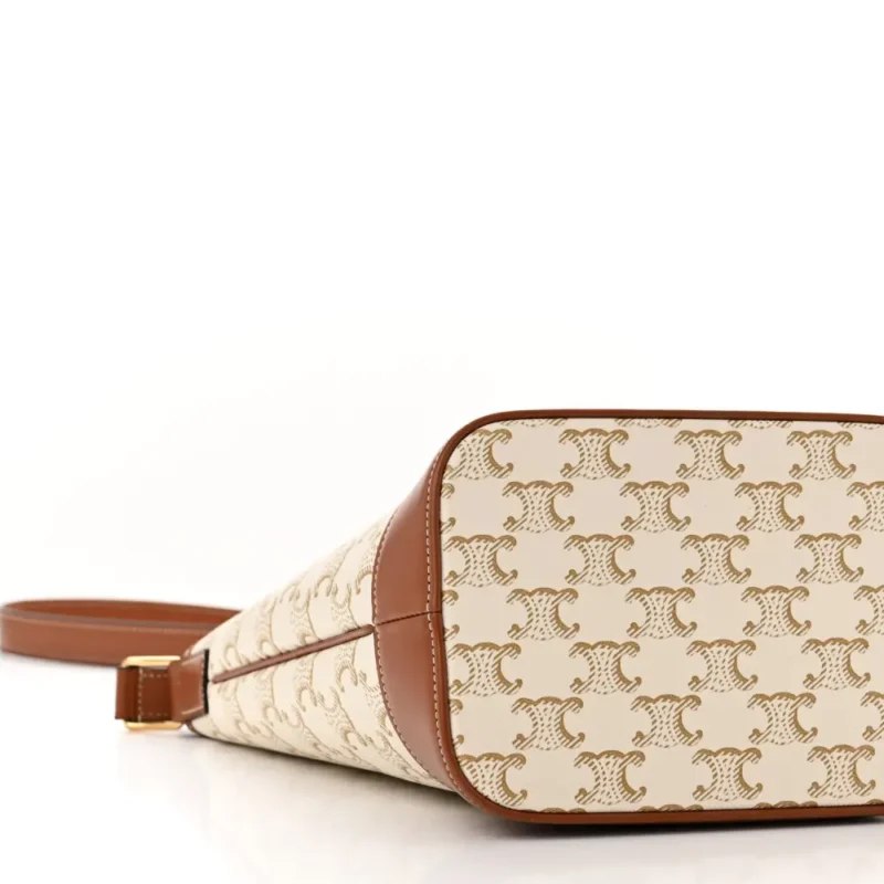 CELINE SMALL BUCKET BAG WHITE TRIOMPHE CANVAS & CALFSKIN LEATHER GOLD HARDWARE - Image 4