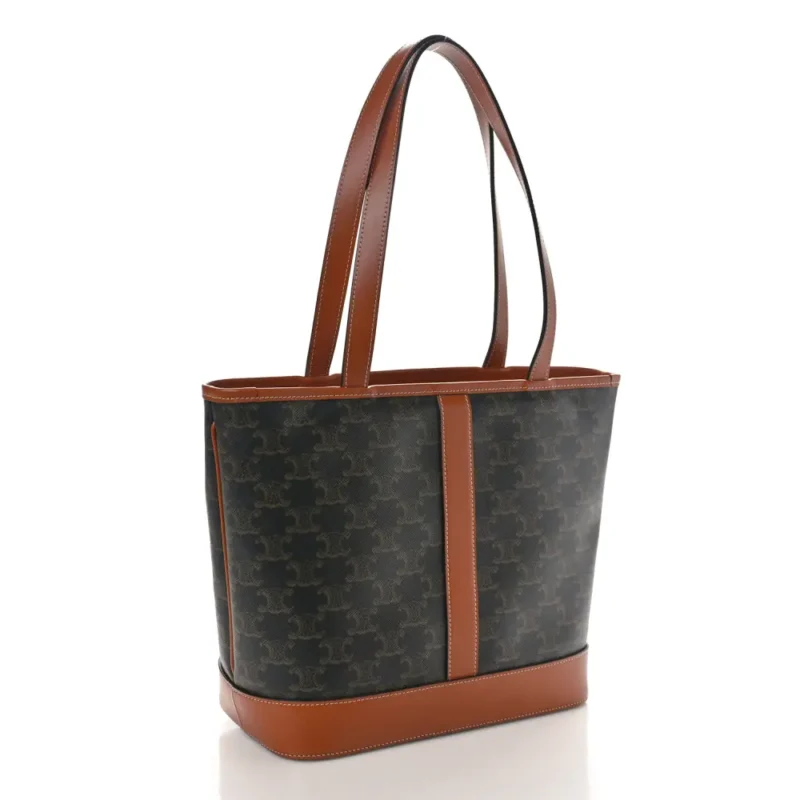 CELINE SMALL CABAS BAG TAN TRIOMPHE CANVAS & CALFSKIN LEATHER GOLD HARDWARE - Image 3