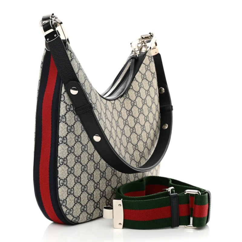 GUCCI LARGE WEB ATTACHE SHOULDER BAG BEIGE/BLUE GG SUPREME MONOGRAM CANVAS & TEXTURED CALFSKIN LEATHER SILVER HARDWARE - Image 3