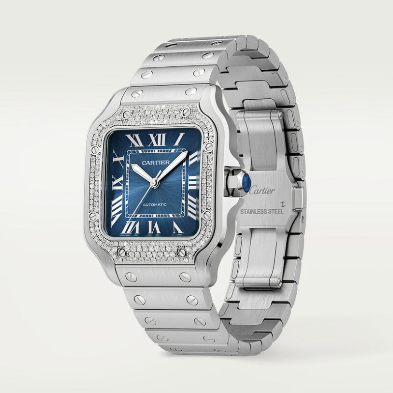 SANTOS DE CARTIER WATCH MEDIUM MODEL STEEL DIAMONDS BLUE DIAL CRW4SA0006 - Image 2