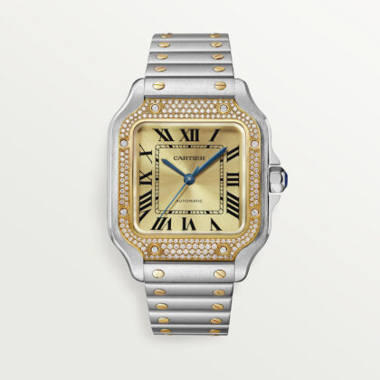 SANTOS DE CARTIER WATCH MEDIUM MODEL 18K YELLOW GOLD STEEL DIAMONDS CRW3SA0007