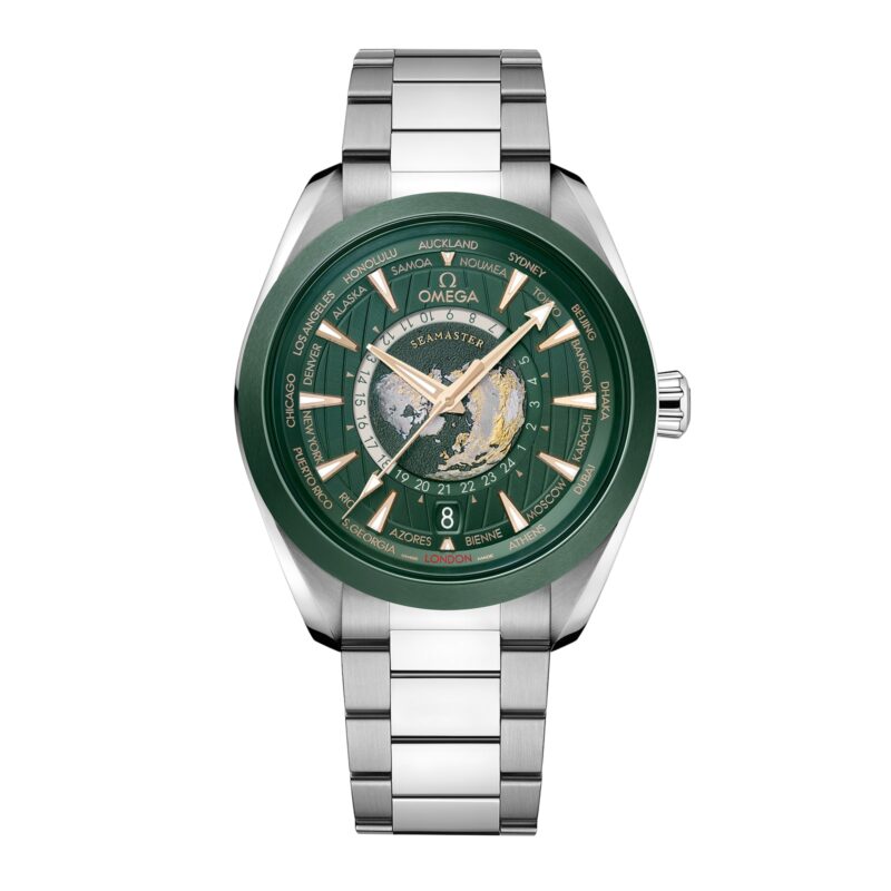 OMEGA SEAMASTER AQUA TERRA 150M CO AXIAL MASTER CHRONOMASTER GMT WORLDTIMER 43MM MENS WATCH GREEN O22030432210001