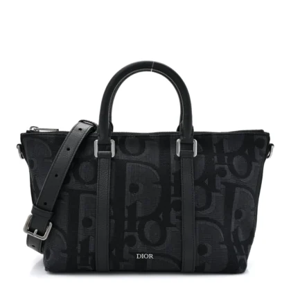 DIOR MEDIUM WEEKENDER 25 BAG BLACK MAXI OBLIQUE CANVAS RUTHENIUM HARDWARE