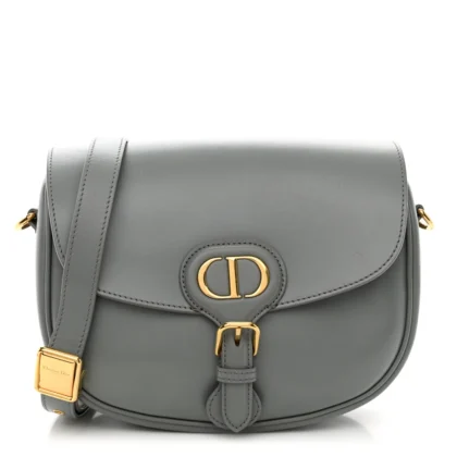 DIOR MEDIUM BOBBY FLAP BAG GREY BOX CALFSKIN LEATHER BRASS HARDWARE