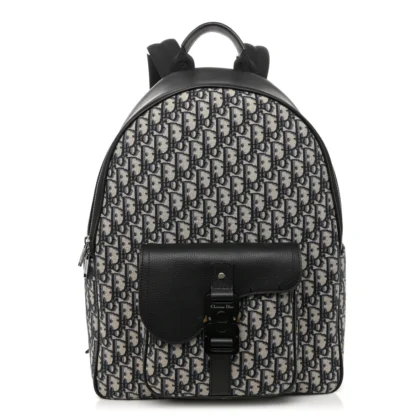 DIOR LARGE SADDLE ZIP BACKPACK BLACK OBLIQUE CANVAS & GRAINED CALFSKIN LEATHER SILVER HARDWARE