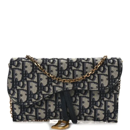 DIOR MINI SADDLE CHAIN LONG WALLET BLUE OBLIQUE CANVAS GOLD HARDWARE