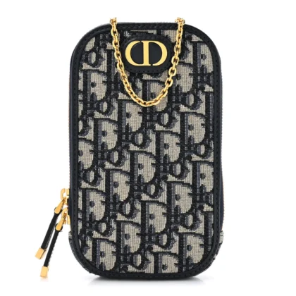 DIOR SMALL MONTAIGNE 30 PHONE HOLDER WITH CHAIN BLUE OBLIQUE CANVAS