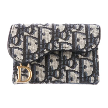 DIOR SMALL COMPACT WALLET BLUE OBLIQUE JACQUARD SADDLE CARD HOLDER GOLD HARDWARE
