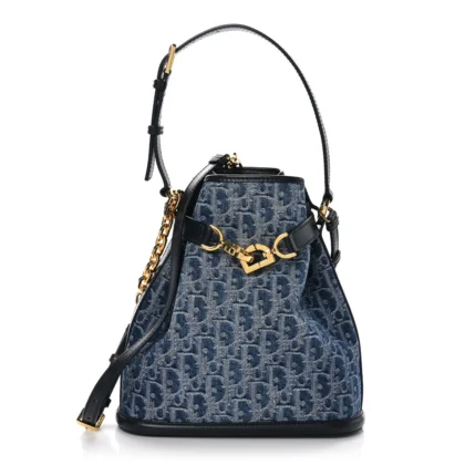DIOR MEDIUM C??EST CHAIN BUCKET BAG BLUE OBLIQUE CANVAS GOLD HARDWARE