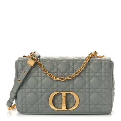 DIOR MEDIUM CARO BAG ETHEREAL GREY CANNAGE CALFSKIN LEATHER GOLD HARDWARE