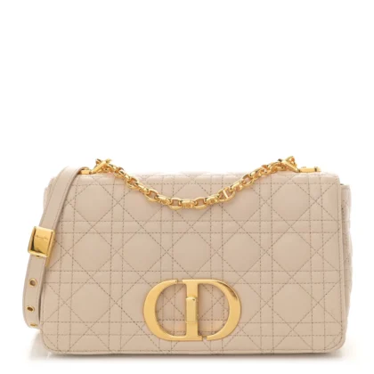 DIOR MEDIUM CARO BAG BEIGE SUPPLE CANNAGE CALFSKIN LEATHER GOLD HARDWARE