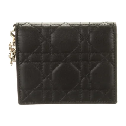 DIOR SMALL MINI LADY DIOR COMPACT WALLET BLACK CANNAGE PATTERN LEATHER GOLD HARDWARE
