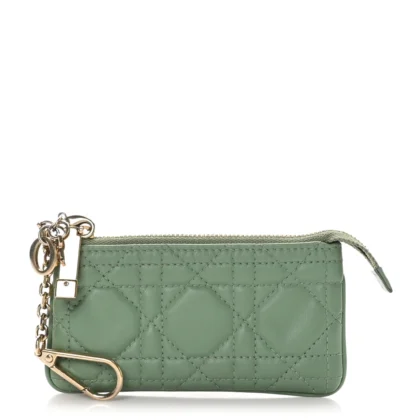 DIOR SMALL LADY DIOR ZIPPED KEY CASE GREEN CANNAGE LAMBSKIN LEATHER GOLD HARDWARE
