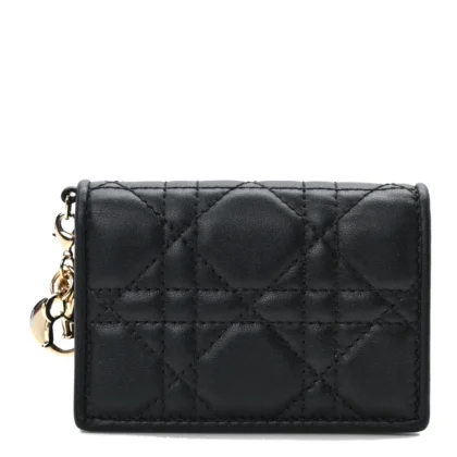 DIOR SMALL LADY DIOR FLAP CARD HOLDER BLACK CANNAGE LAMBSKIN LEATHER GOLD HARDWARE