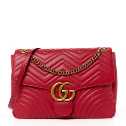 GUCCI LARGE GG MARMONT SHOULDER BAG HIBISCUS RED CALFSKIN MATELASS?? LEATHER AGED GOLD HARDWARE