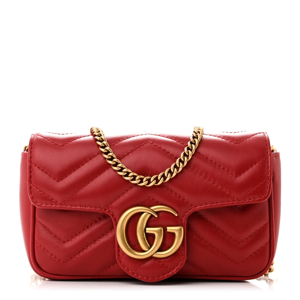 GUCCI SUPER MINI GG MARMONT SHOULDER BAG HIBISCUS RED CALFSKIN MATELASS?? LEATHER GOLD HARDWARE