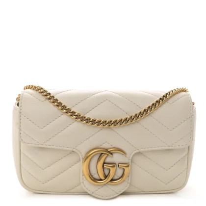 GUCCI MINI GG MARMONT SHOULDER BAG WHITE CALFSKIN MATELASS?? SUPER LEATHER AGED GOLD HARDWARE