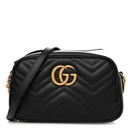 GUCCI SMALL GG MARMONT CHAIN SHOULDER BAG BLACK CALFSKIN MATELASS?? LEATHER GOLD HARDWARE