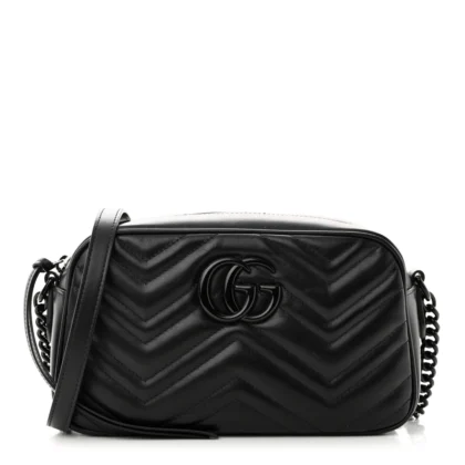 GUCCI SMALL GG MARMONT CHAIN SHOULDER BAG BLACK CALFSKIN LEATHER BLACK HARDWARE