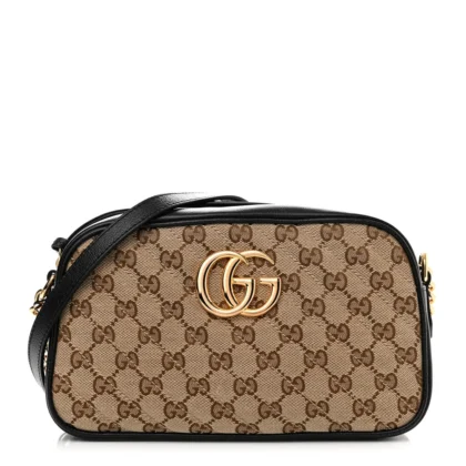 GUCCI SMALL DIAGONAL GG MARMONT CHAIN SHOULDER BAG BEIGE/BLACK GG MONOGRAM CANVAS & MATELASS?? LEATHER GOLD HARDWARE