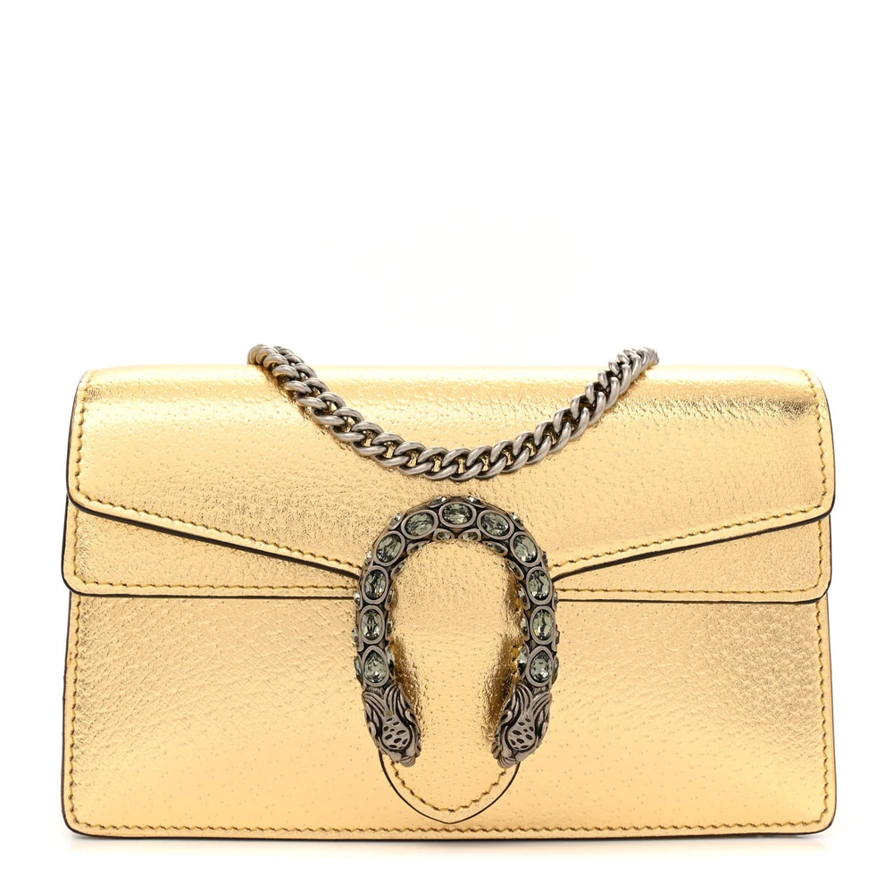 GUCCI SUPER MINI DIONYSUS SHOULDER BAG METALLIC GOLD CALFSKIN LEATHER AGED SILVER HARDWARE