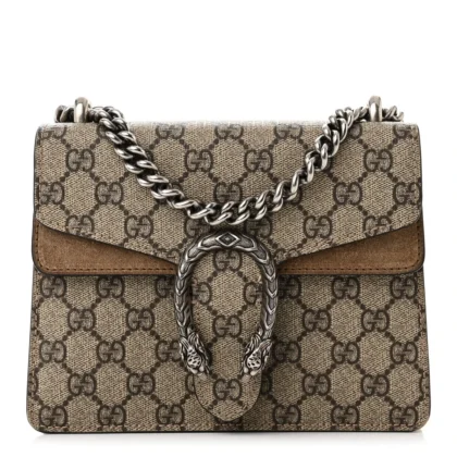 GUCCI MINI DIONYSUS SHOULDER BAG TAUPE GG SUPREME MONOGRAM CANVAS AGED SILVER HARDWARE
