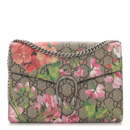GUCCI MINI DIONYSUS CHAIN WALLET BEIGE MULTICOLOR BLOOMS GG SUPREME MONOGRAM CANVAS