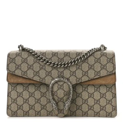 GUCCI SMALL DIONYSUS SHOULDER BAG TAUPE GG SUPREME MONOGRAM CANVAS AGED SILVER HARDWARE