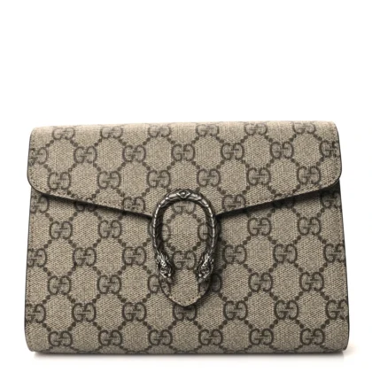 GUCCI SMALL DIONYSUS CLUTCH TAUPE GG SUPREME MONOGRAM CANVAS AGED SILVER HARDWARE