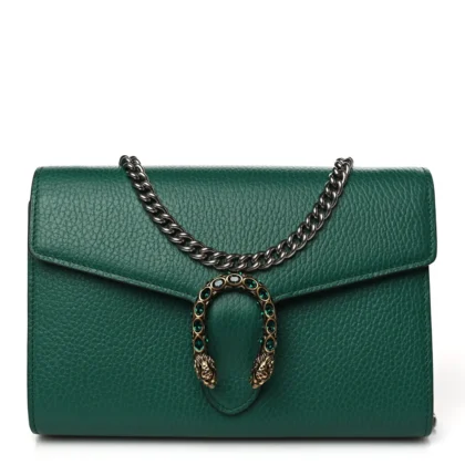 GUCCI MINI DIONYSUS CHAIN WALLET EMERALD CALFSKIN LEATHER AGED SILVER HARDWARE