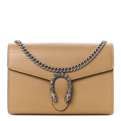 GUCCI MINI CRYSTAL DIONYSUS CHAIN WALLET NATURAL TAN / BLACK DIAMOND & DOLLAR CALFSKIN LEATHER SILVER HARDWARE