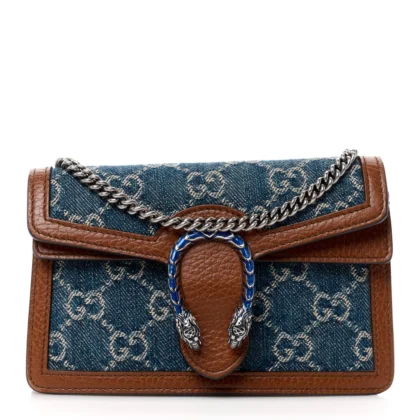 GUCCI MINI SUPER DIONYSUS SHOULDER BAG BLUE TEA / CUIR / EPILOG ELECTRIC BLUE NEW DENIM GG MONOGRAM COATED CANVAS & DOLLAR CALFSKIN LEATHER AGED SILVER HARDWARE