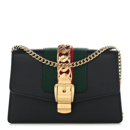 GUCCI SUPER MINI SYLVIE CHAIN SHOULDER BAG BLACK CALFSKIN LEATHER GOLD HARDWARE