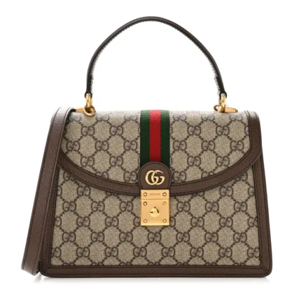 GUCCI SMALL WEB OPHIDIA PADLOCK TOP HANDLE BAG BEIGE / EBONY / NEW ACERO GG SUPREME MONOGRAM CANVAS & TEXTURED DOLLAR CALFSKIN LEATHER AGED GOLD HARDWARE