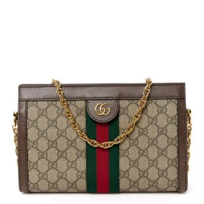 GUCCI SMALL WEB OPHIDIA CHAIN SHOULDER BAG BEIGE/BROWN GG SUPREME MONOGRAM CANVAS GOLD HARDWARE