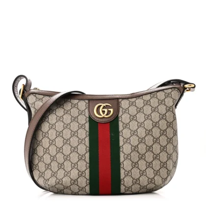 GUCCI SMALL WEB OPHIDIA HALF MOON HOBO BROWN GG SUPREME MONOGRAM CANVAS GOLD HARDWARE