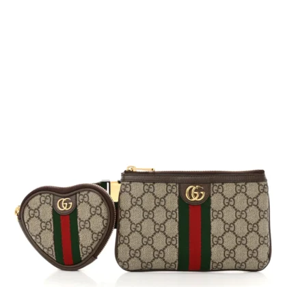 GUCCI MEDIUM WEB OPHIDIA UTILITY BELT BAG BEIGE / EBONY / NEW ACERO GG SUPREME MONOGRAM CANVAS & CALFSKIN LEATHER GOLD HARDWARE