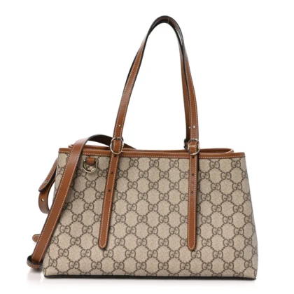 GUCCI SMALL EMBLEM TOTE BEIGE / DARK BROWN GG SUPREME MONOGRAM COATED CANVAS & LEATHER SILVER HARDWARE