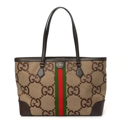 GUCCI MEDIUM OPHIDIA SHOPPING TOTE CAMEL EBONY TEXTURED DOLLAR CALFSKIN LEATHER