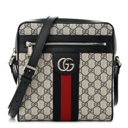 GUCCI SMALL WEB OPHIDIA MESSENGER BAG BEIGE/BLUE GG SUPREME MONOGRAM CANVAS & TEXTURED DOLLAR CALFSKIN LEATHER SILVER HARDWARE