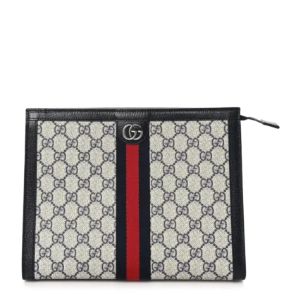 GUCCI SMALL WEB OPHIDIA POUCH BEIGE/BLUE GG SUPREME MONOGRAM CANVAS GOLD HARDWARE