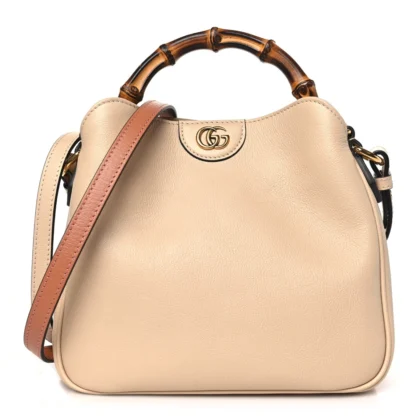 GUCCI SMALL DIANA SHOULDER BAG LIGHT BEIGE TEXTURED DOLLAR CALFSKIN LEATHER AGED GOLD HARDWARE