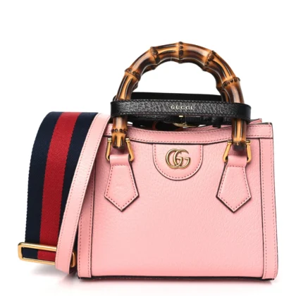 GUCCI MINI DIANA TOTE BAG WILD ROSE / BLACK TEXTURED CALFSKIN LEATHER GOLD HARDWARE