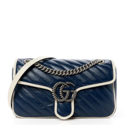 GUCCI SMALL TORCHON GG MARMONT SHOULDER BAG BLUE AGATA / MYSTIC WHITE VINTAGE EFFECT CALFSKIN LEATHER MATELASS?? DIAGONAL AGED SILVER HARDWARE